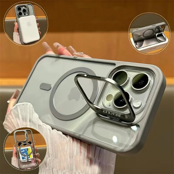 Luxury Magnetic Shockproof Phone Case For iPhone 15 16 14 13 12 11 Pro Max 16 Plus For Magsafe Stand Glass Lens Protector Cover