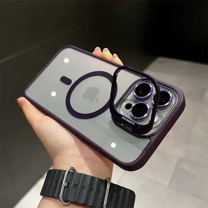 Luxury Magnetic Shockproof Phone Case For iPhone 15 16 14 13 12 11 Pro Max 16 Plus For Magsafe Stand Glass Lens Protector Cover
