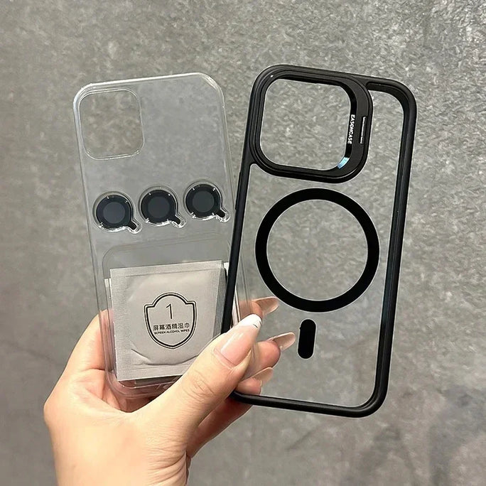 Luxury Magnetic Shockproof Phone Case For iPhone 15 16 14 13 12 11 Pro Max 16 Plus For Magsafe Stand Glass Lens Protector Cover